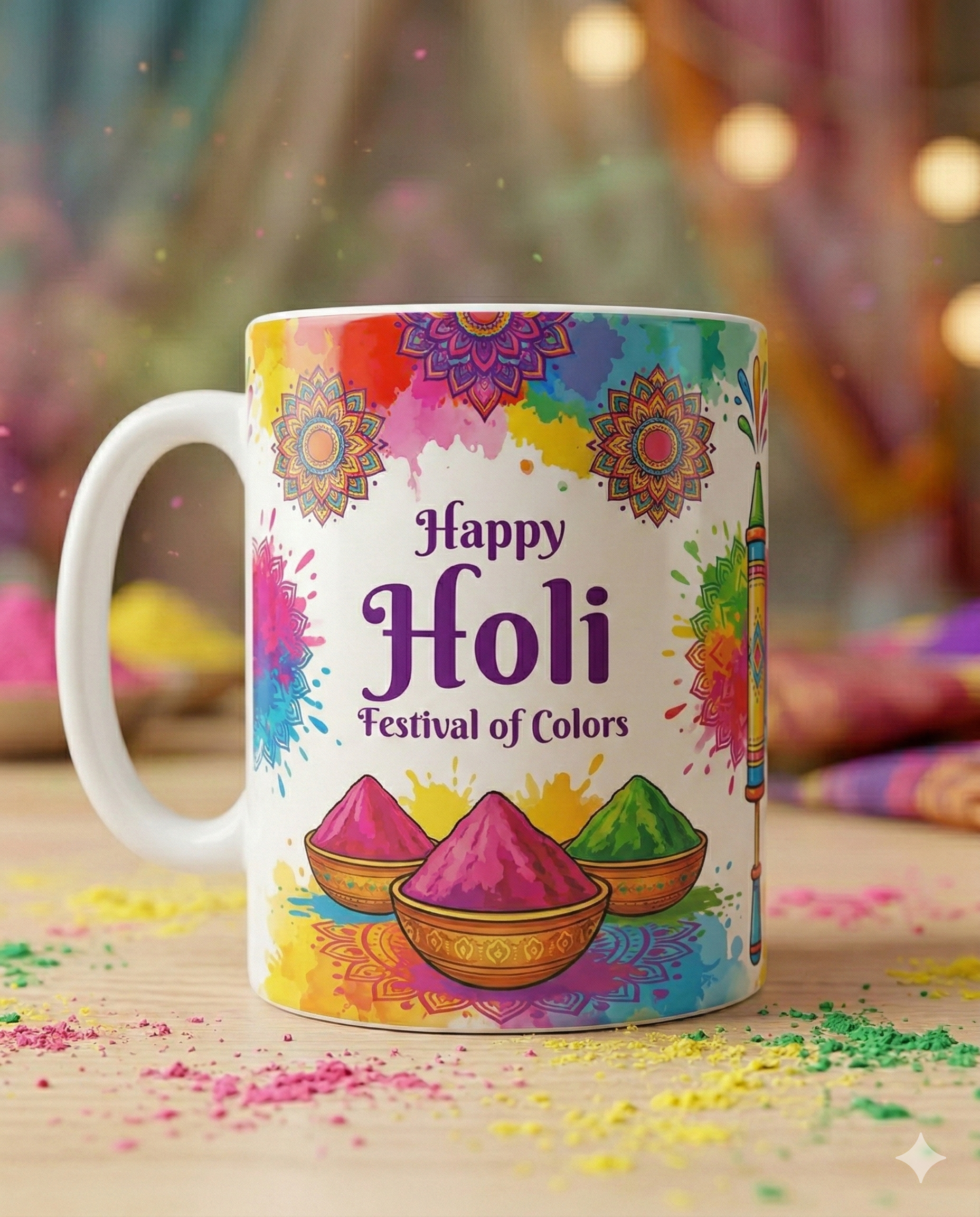 Happy Holi Mug - Festival of Colors | Vibrant Gulal & Mandala Design Ceramic Coffee Cup